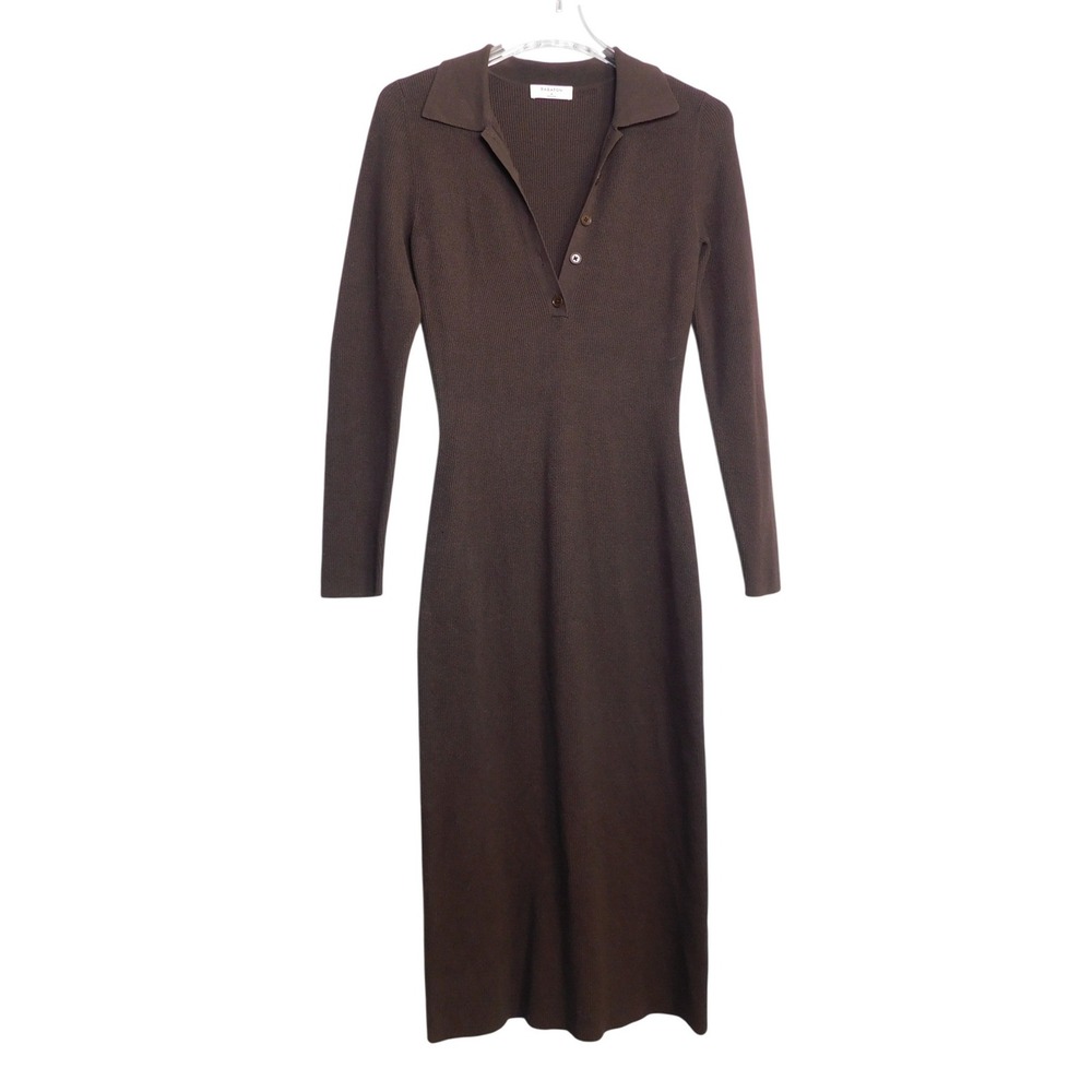 Babaton Aritzia Ribbed Knit Midi Dress Womens Medium Brown Polo Sweater 95882